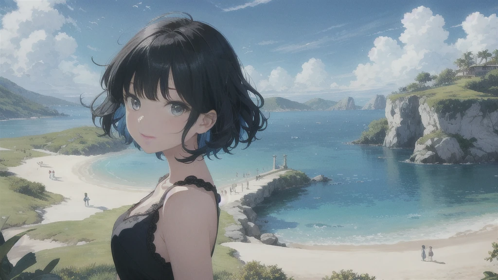 In this stunning animated masterpiece, It depicts a seductive scene featuring a young girl with short black hair and curly bangs.。.。. The vibrant blue sky creates a breathtaking backdrop, Perfectly accentuates the beauty of girls'surrounding environment. When she stands alone, Wearing a lovely short sleeve dress, Her gaze captivates the viewer, An invitation to explore the fascinating cityscape that unfolds before your eyes.. The city is full of energy with skyscrapers lining the streets.., Elegant bridge, Impressive building, end a bustling metropolis that harmoniously coexists with nature. A majestic castle can be seen in the distance, Adding even more grandeur to an already stunning view. The river flowing gracefully through the town reflects the bright sun.., end