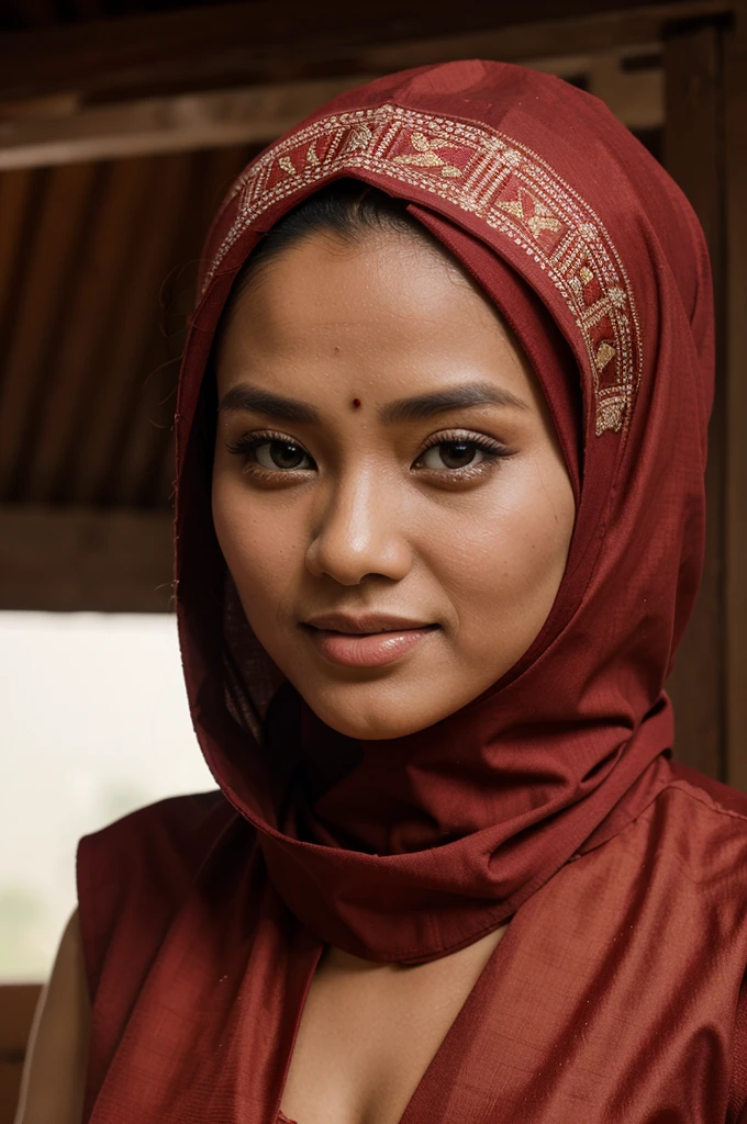 Photo of a traditional Sundanese wedding wearing a hijab wearing a red dress