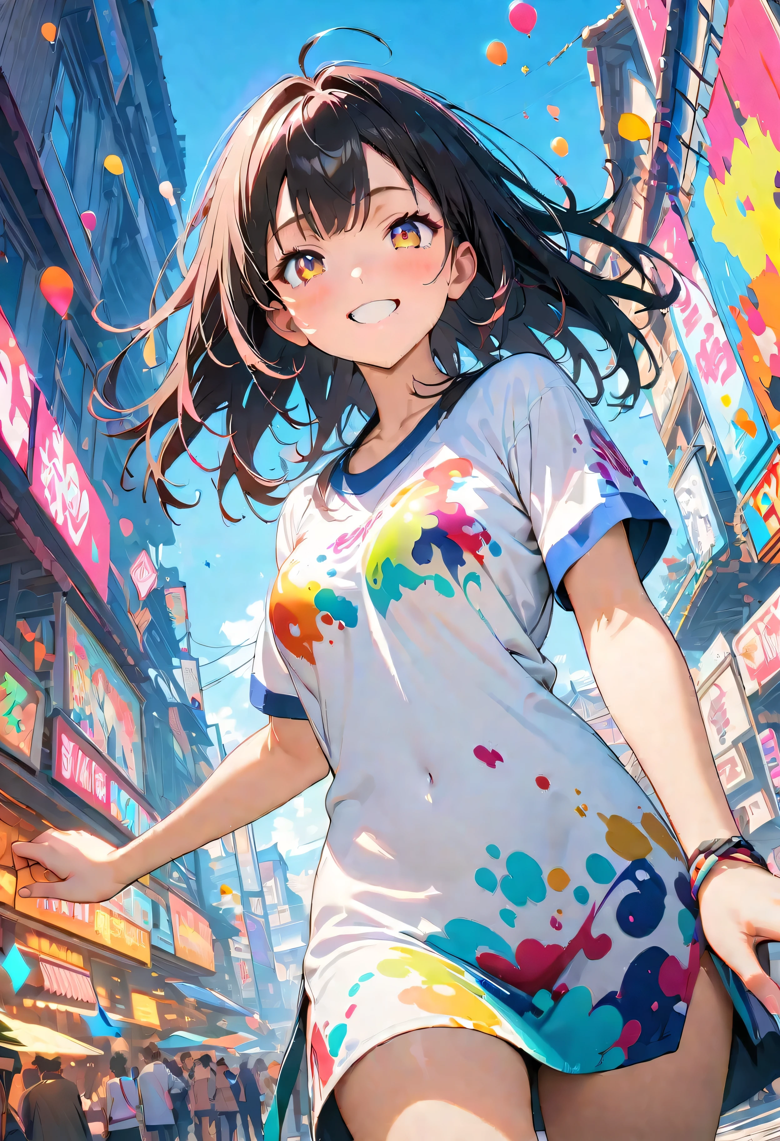 (masterpiece, Highest quality, Official Art:1.2), (colorful), Looking at the audience, One Girl, alone, White Background, floating colorful water, Ultra-fine illustrations, highly detailed, Dynamic Angle, beautiful detailed, 8K, break smiling amidst the colorful scenes, (Highest quality, masterpiece, High resolution, detailed), Anime Style, (Shining Eyes, detailed美しい顔), break,Dynamic Angle