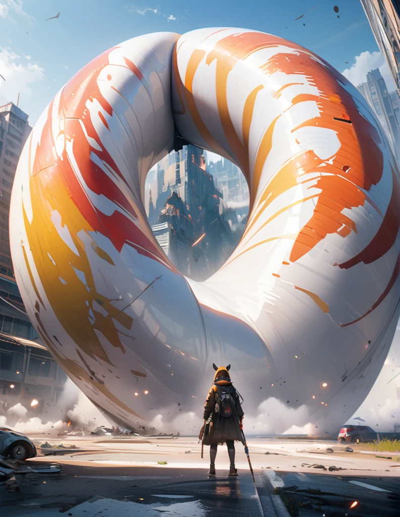 quality(8k wallpaper of extremely detailed CG unit, masterpiece, hight resolution, top-quality, top-quality ,hyper realisitic, digitial painting,increase the resolution,RAW photos,best qualtiy,highly detailed,the wallpaper),BREAK,8K, Girl standing front of Gigantic white Tigger , apocalyptic city,