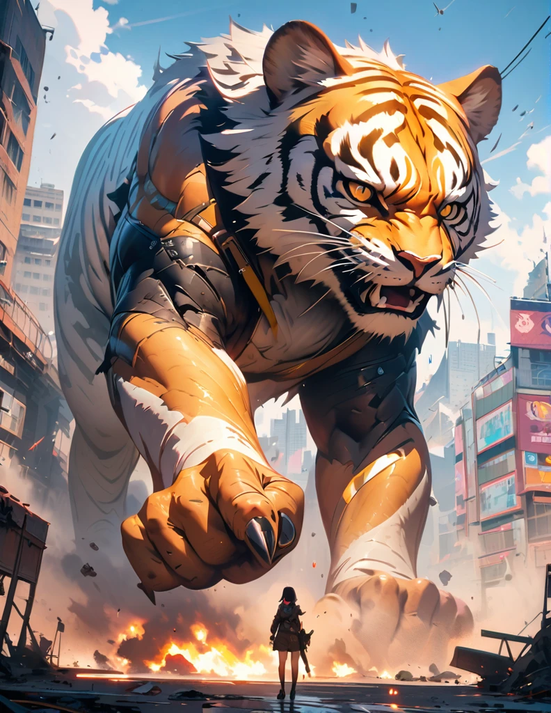 quality(8k wallpaper of extremely detailed CG unit, ​masterpiece, hight resolution, top-quality, top-quality ,hyper realisitic, digitial painting,increase the resolution,RAW photos，best qualtiy,highly detailed,the wallpaper),BREAK,8K, Girl standing front of Gigantic white Tigger , apocalyptic city, 