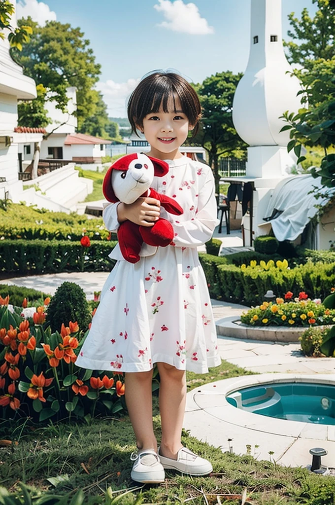 Highly realistic photo, ((masterpiece), (best quality), (raw photo), (photorealistic:1.4), Photo of a 6--old l, short hair, wearing a white dress, holding a red stuffed dog, ((real hands)), photo taken in a tulip Vietnam garden, ((standing on the grass)), photo taken by Sony A7IV
