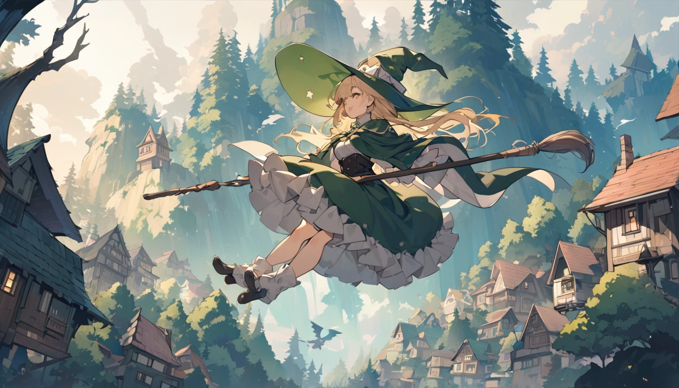 Woman flying in the air astride a broom,witch,Blonde,Below you can see houses, forests, and the sea.