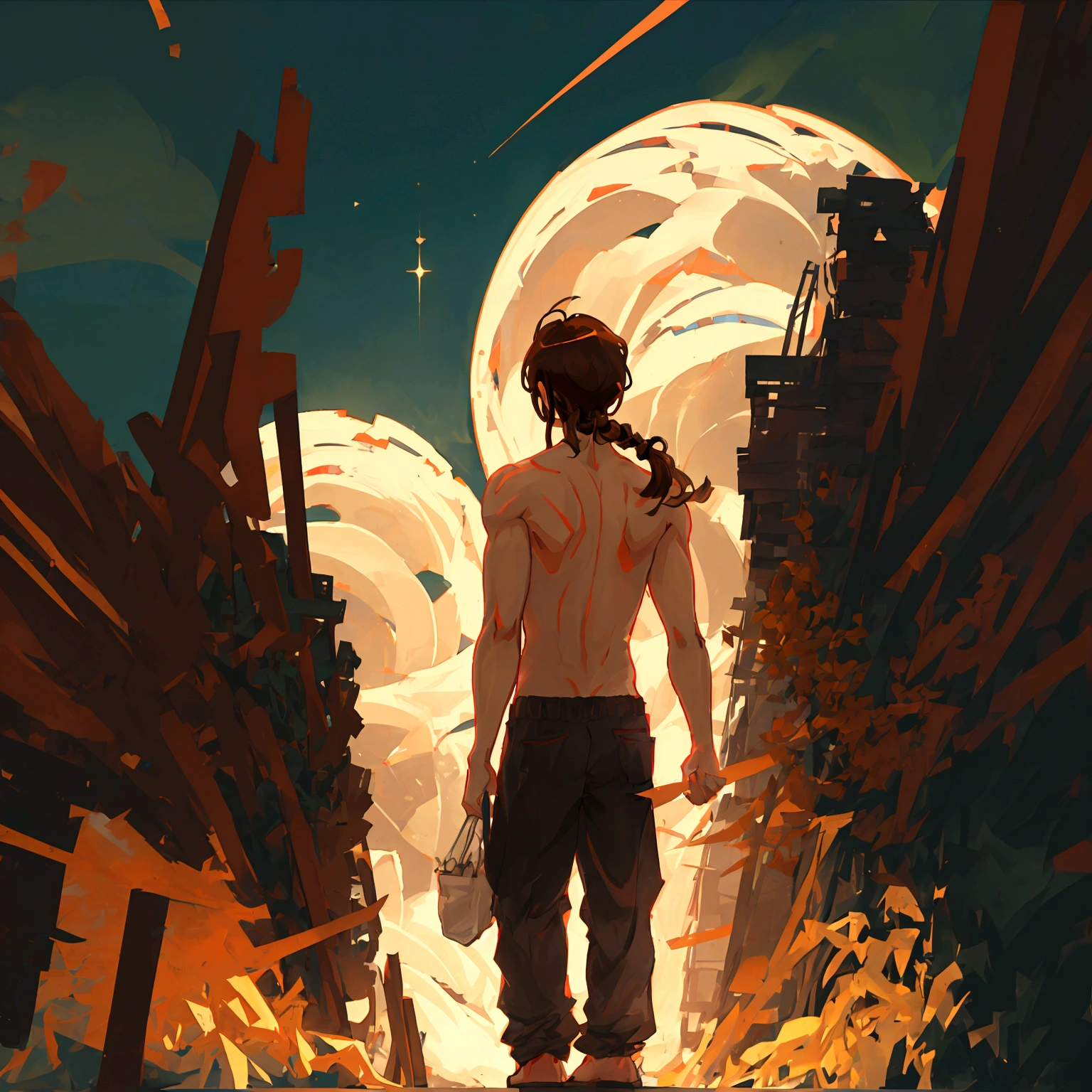 young man looking at the night sky, back view, anime style, brown hair, shirtless