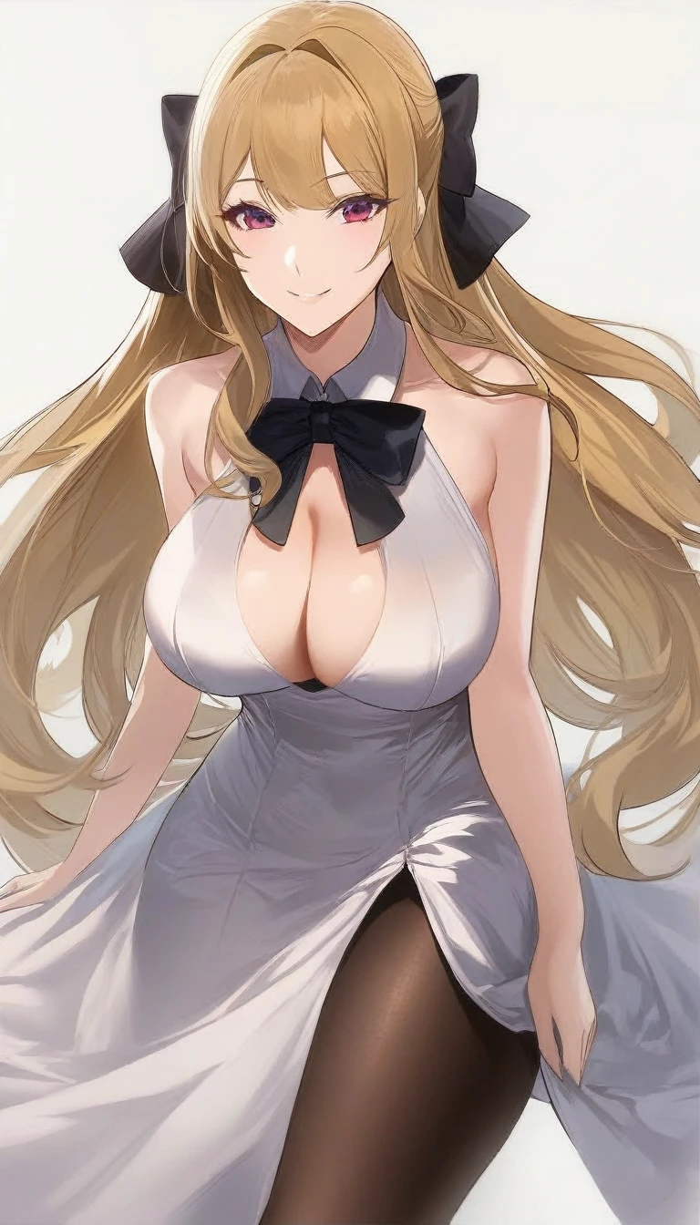 (1girl,20 years old,mature female),blonde hair,long hair,white dress, sleeveless,black bow tie, bare shoulders,smile,cleavage,pantyhose,evil smile,((white background)), aesthetic, detailed, beautiful color amazing quality, best quality, high quality