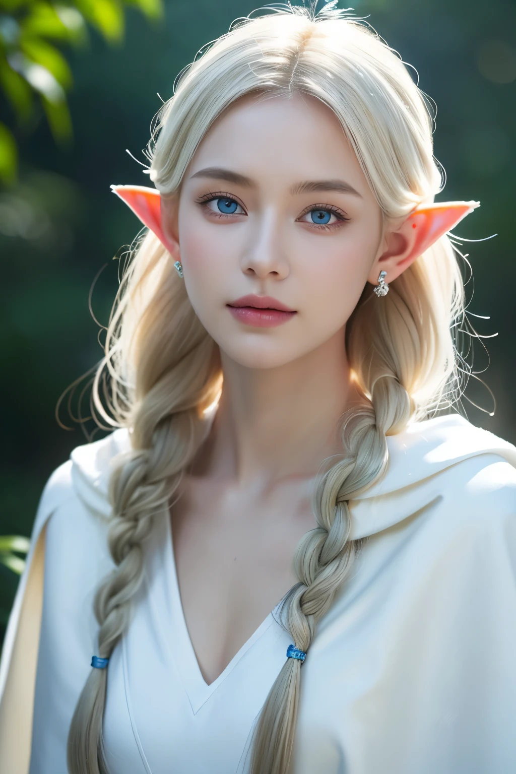masterpiece, Best Quality, ((Centered, upper body, slight smile)), High Detail Face, 1girl, Solo, (looking at the viewer:1.2), (finely detailed beautiful eyes: 1.2), 10's Beautiful German girl, Platinum blonde single braided hair, elf ears, earrings, white cape coat, Blue eyes, lips apart, sharp focus, cinematic lighting, photo realistic, in a deep forest where sunlight shines through