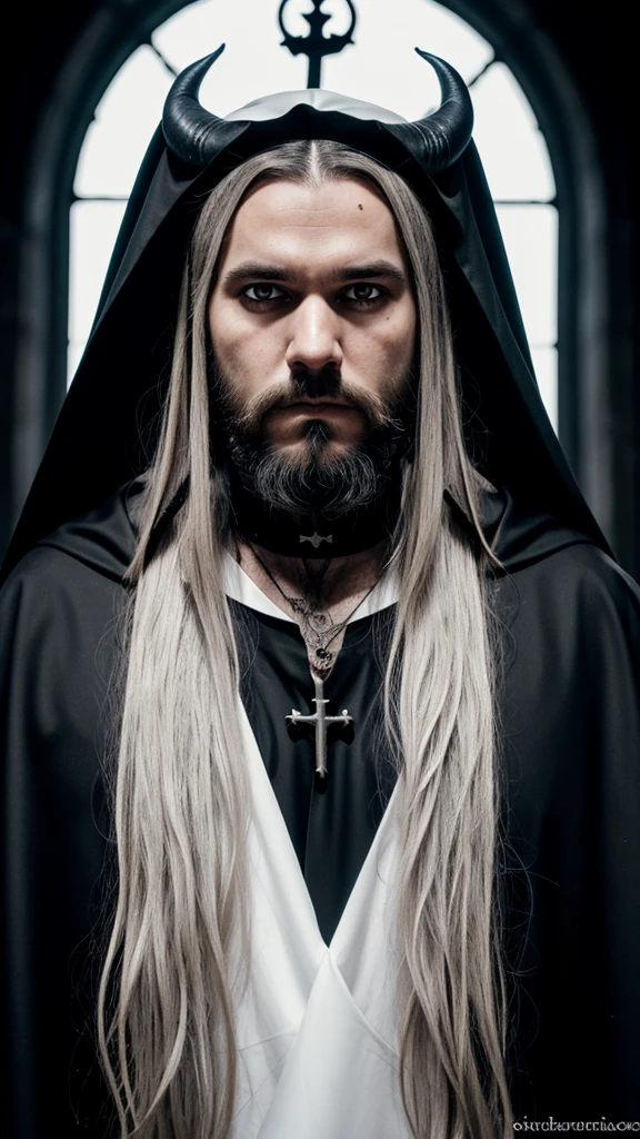 Priest catholique dark face scretch satanique, transparent eyes rolled back, semi-long hair, beard, dress that covers hair, eat a bloody heart , looking to the left side, corne de bouc longue et enroulée, sketch noir et blanc