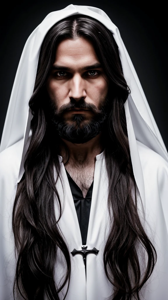 Priest catholique dark face scretch satanique, transparent eyes rolled back, semi-long hair, beard, dress that covers hair, eat a bloody heart , looking to the left side, corne de bouc longue et enroulée, sketch noir et blanc