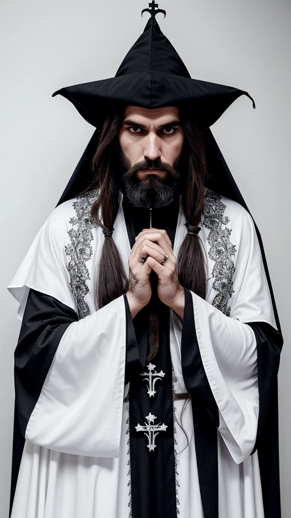 Priest catholique dark face scretch satanique, transparent eyes rolled back, semi-long hair, beard, dress that covers hair, eat a bloody heart , looking to the left side, corne de bouc longue et enroulée, sketch noir et blanc