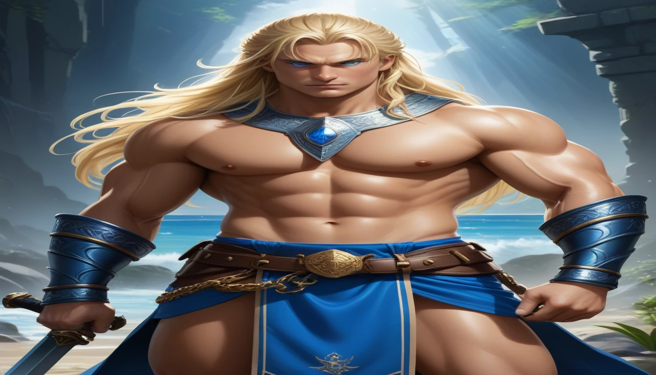 Ax-Battler is a 30-year-old imposing and fearless warrior. He is Nordic, has a tall stature, an athletic body with very robust and well-defined muscles. Her long, blonde hair falls over her shoulders, giving her a wild and untamed appearance. His blue eyes are piercing, he wears blue swim trunks, blue boots, silver bracelets and a golden necklace. On his belt, he carries small talismans and amulets. His countenance is serious. He is Arms crossed, posing for a photo, Ultra Realistic Style