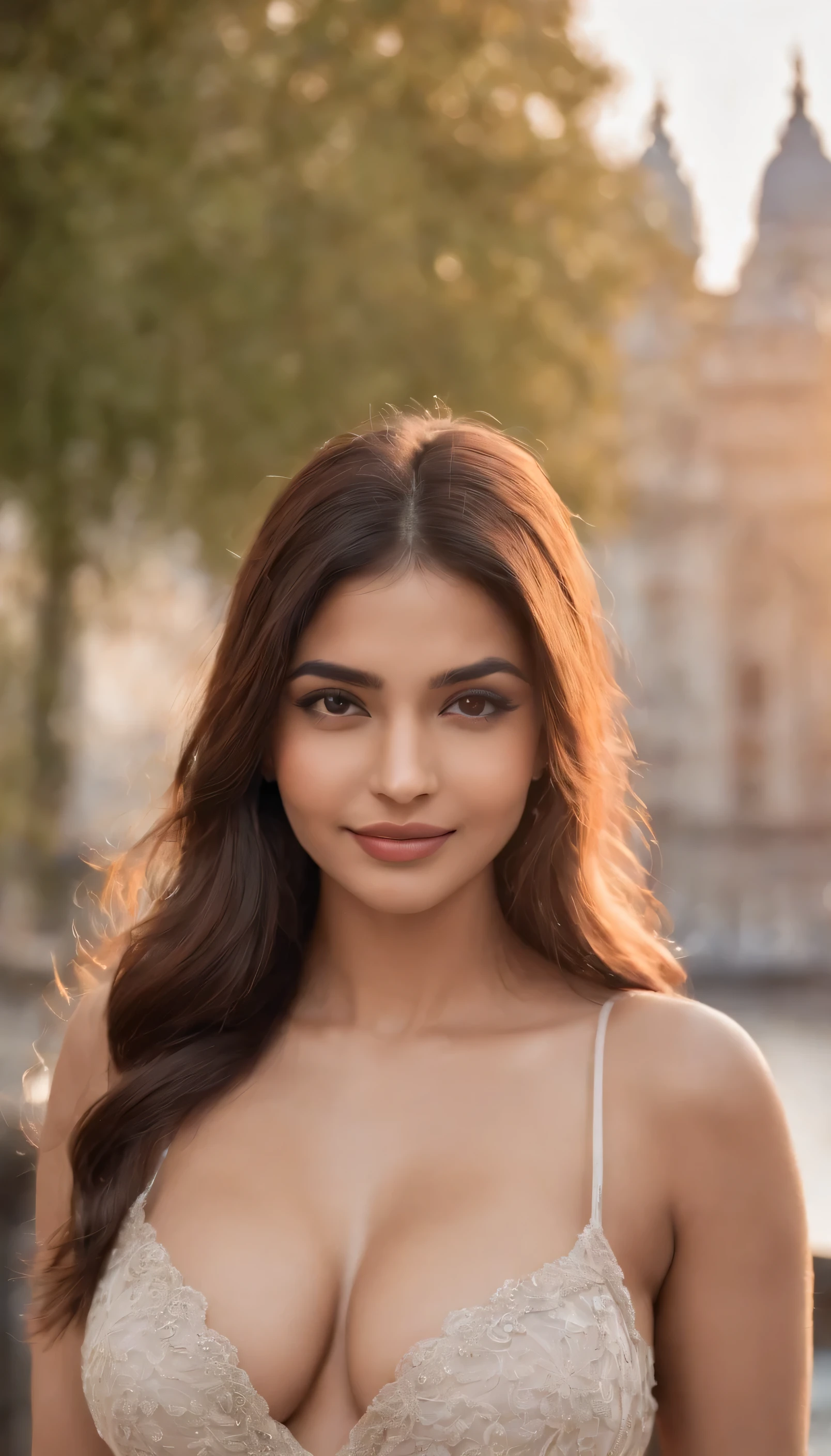 8k, hd, hyper-detailed, big breasts, realistic beautiful indian woman around 25 years old, as human as possible, curvy and thicc body with bangs, smooth straight hair with no waves, about long length, light brown color, upper body composition with the city in the background, posing a bit, clothes that look like spring. With a smile, cleavage
