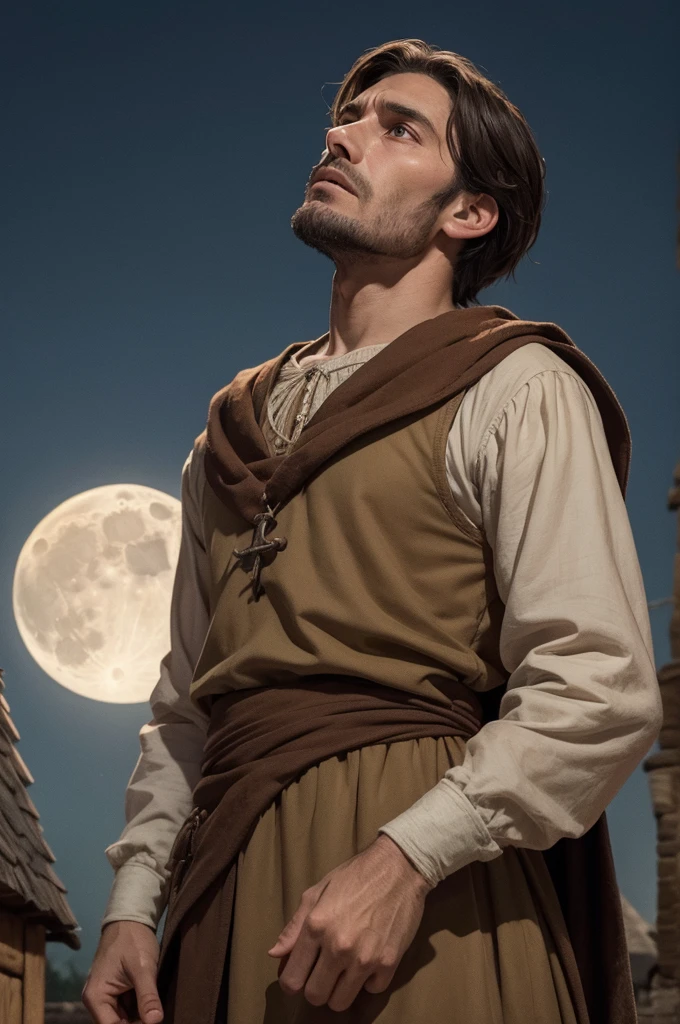 Medieval man with worried expression, wearing simple villager clothes, looking up at the sky where a full moon is rising."