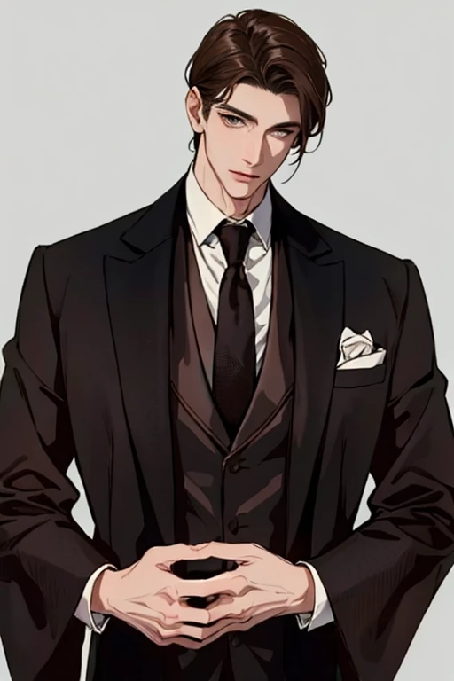 real, (highest quality、masterpiece:1.3), fine eyes and detailed face, suit, Solo Mature Men, tall muscular man, brown hair, gentleman, ((best quality)), perfect face, Japanese