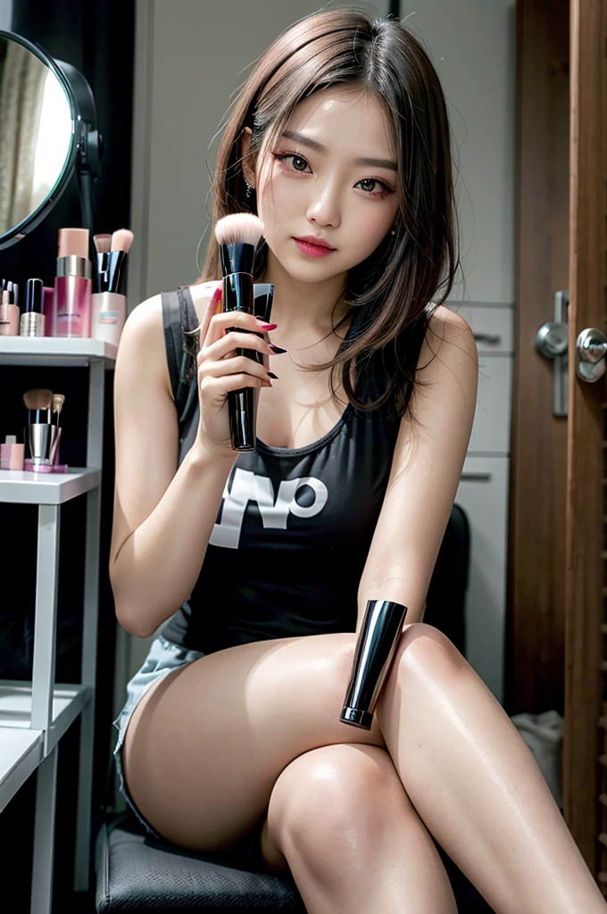 girl sitting, makeup table on the background