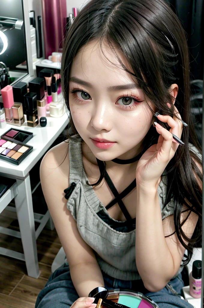 girl sitting, makeup table on the background