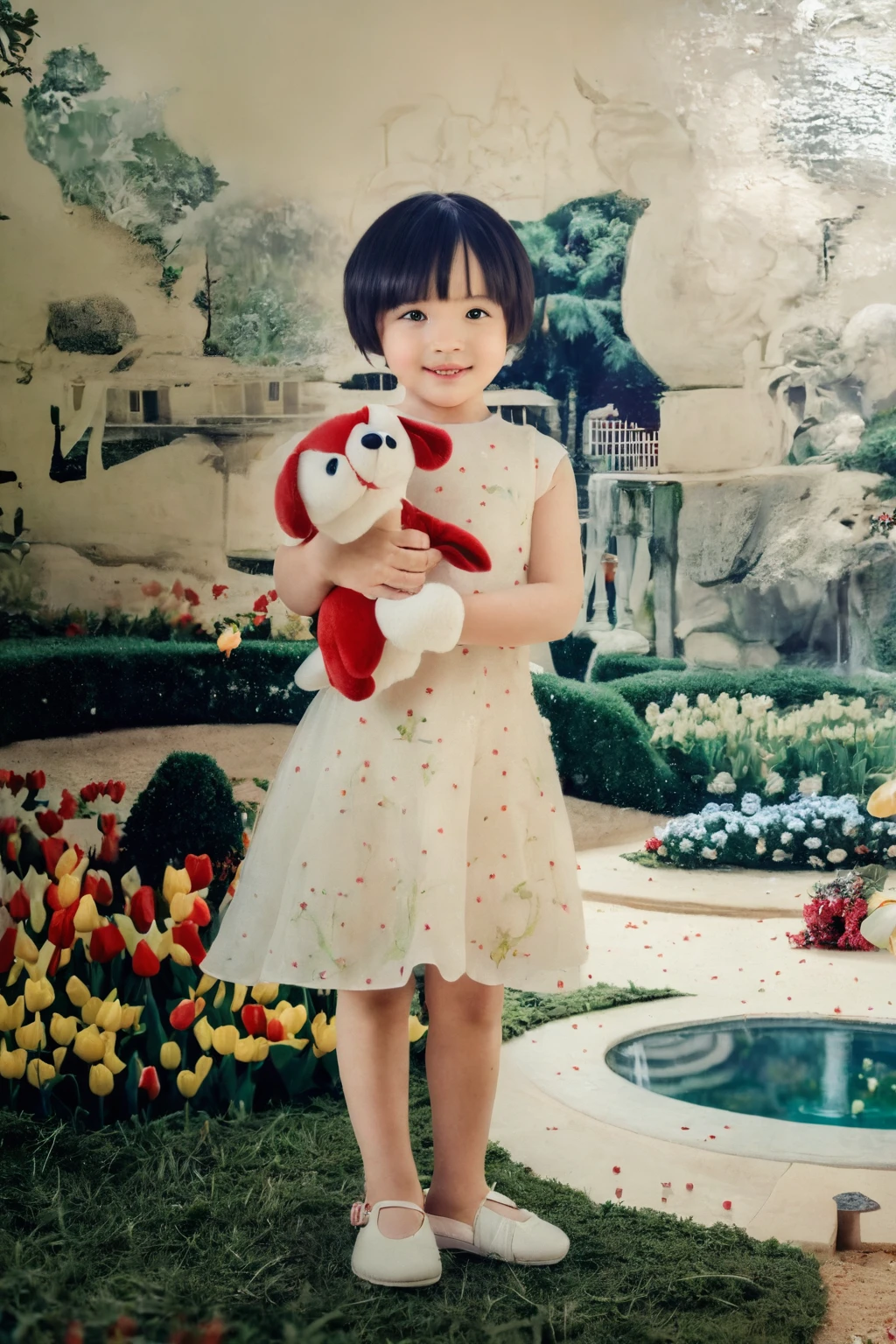Highly realistic photo, ((masterpiece), (best quality), (raw photo), (photorealistic:1.4), Photo of a , short hair, wearing a white dress, holding a red stuffed dog, ((real hands)), photo taken in a tulip Vietnam garden, ((standing on the grass)), photo taken by Sony A7IV