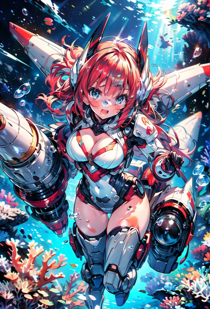 masterpiece, best quality, high resolution, extremely detailed CG, absurdres, detailed face, highres, 1girl, solo, a girl in mech suit moving fast with rocket boosters under the sea,headgear,Thighs, cleavage,  jets, torpedo, arounded by bubbles, coral, red_hair,Colorful portraits