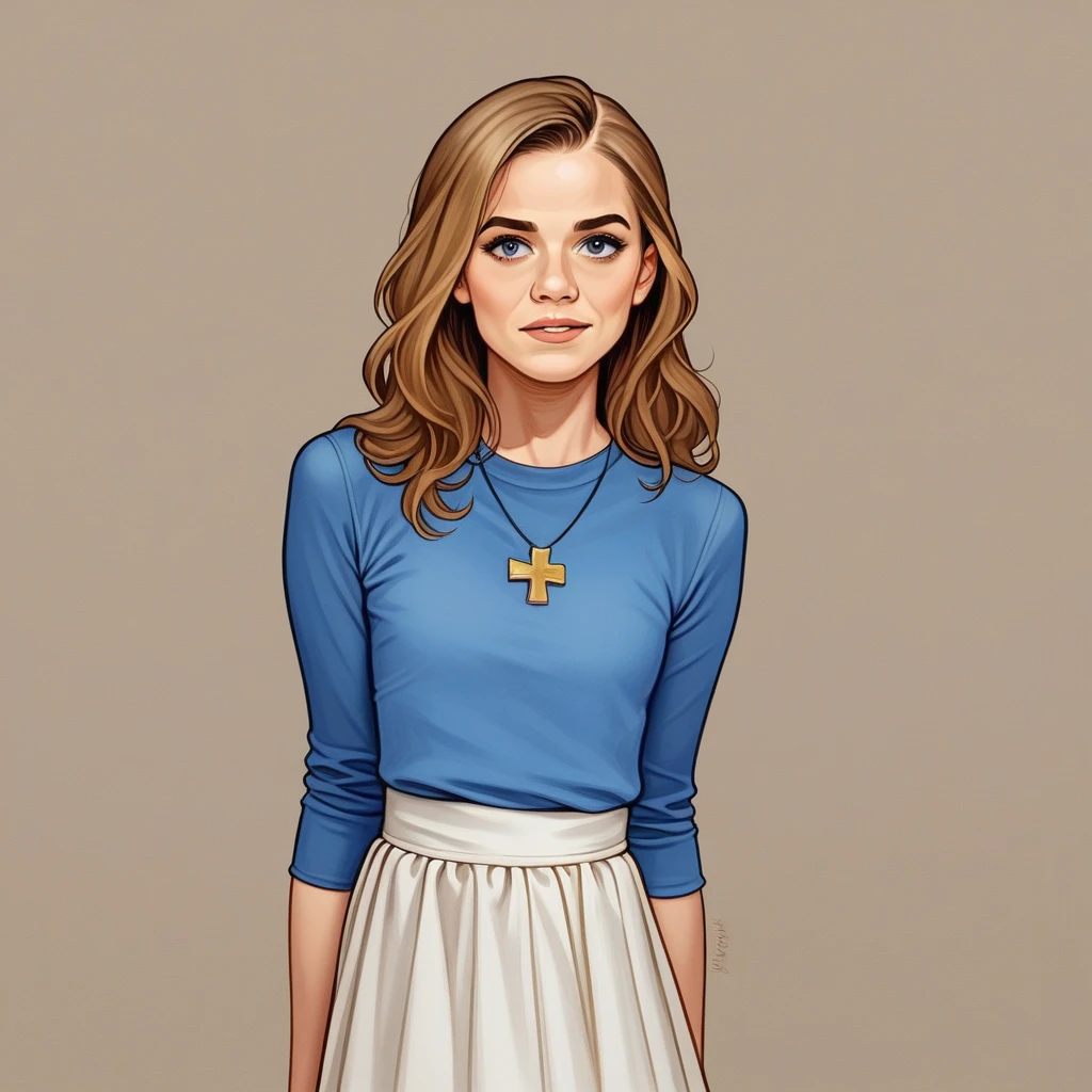 Arafed woman wearing a blue top and white skirt poses for a photo, a colorized photo, inspired by Ksenia Milicevic, Trends bei CG Society, Photo-realism, Decollete, blue sweater, looks like Christina Ricci, Karol Bak by Emma Watson Nun, Purple top, very pretty model, flat-chested, Casual pose, gorgeous young model