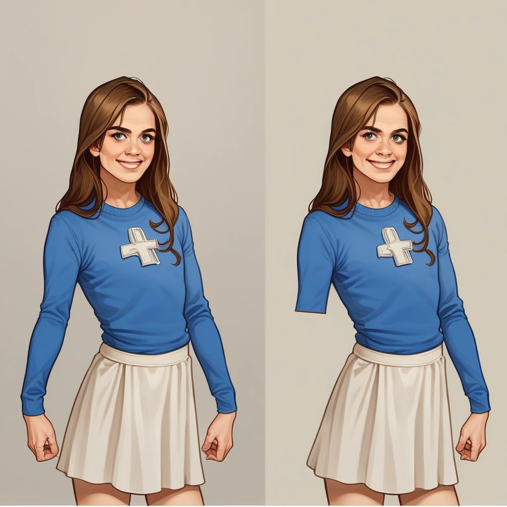 Arafed woman wearing a blue top and white skirt poses for a photo, a colorized photo, inspired by Ksenia Milicevic, Trends bei CG Society, Photo-realism, Decollete, blue sweater, looks like Christina Ricci, Karol Bak by Emma Watson Nun, Purple top, very pretty model, flat-chested, Casual pose, gorgeous young model