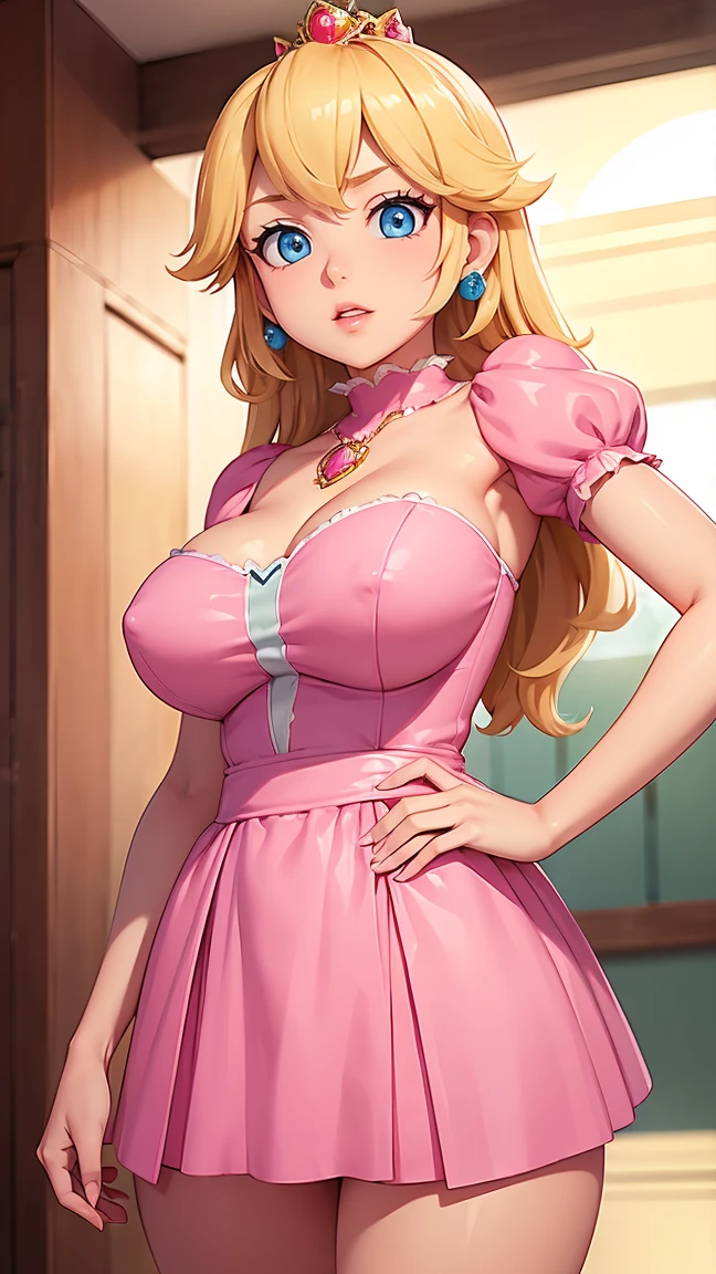 ((Masterpiece)), ((Best Quality)), (detailed), perfect, Alone, peach, beautiful woman in pink miniskirt, delicious lips, wide, big chest, deep neckline,  pose sexy