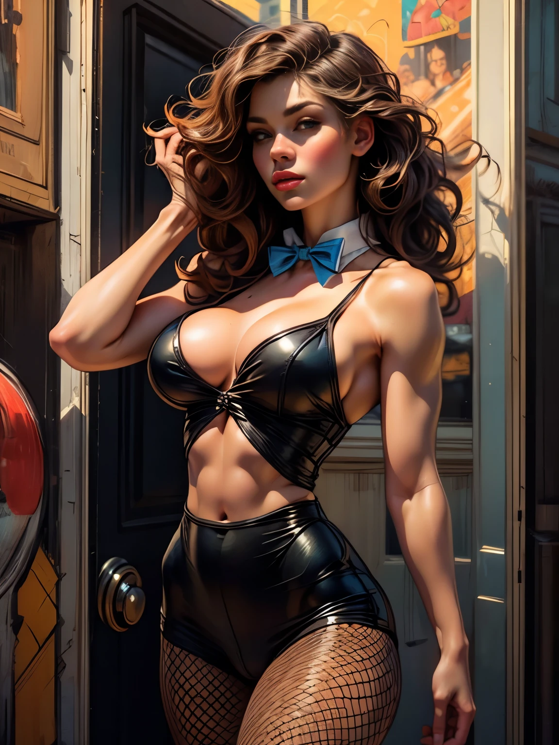 Beautiful young woman with six pack abs、Toned, muscular body、Bunny ears:1.4、Bunny Girl Costume、A bow tie、Fishnet tights、Provocative clothing、Long wavy hair、Raise your hands and show your armpits:1.5、erotic、casino、(Highest quality、4K、8K、High resolution、masterpiece:1.2)、Super detailed、(Real、Photorealistic、Photorealistic:1.37)、Portrait、Bright colors、Dramatic lighting、Enchanting、Functional、Dynamic pose、Exquisite detail