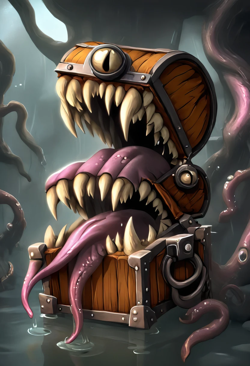 A detailed steampunk-inspired illustration of a creature imitating a ((open iron chest well-formed maw, sharp teeth, long tongue made of wood and leather, in a dark, dank cave, with dripping water and tentacles:1.5)), (best quality, 4k, 8K, high resolution, masterpiece: 1.2), ultra detailed, Sharp focus, (realistic, photorealistic, photo-realistic: 1.37), (masterpiece: 1.3), (best quality: 1.2), ( high quality: 1.1), (photorealistic: 1.37), (extremely detailed: 1.2), (cinematic lighting: 1.2), (dramatic shadows: 1.2), (muted colors: 1.1), ,intense lighting,dramatic lighting,changing lighting,cinematic lighting,chiaroscuro lighting,dramatic shadows,dramatic moments,vivid colors,intense colors,deep contrast,cinematic depth of field,cinematic composition,angle cinematographic camera