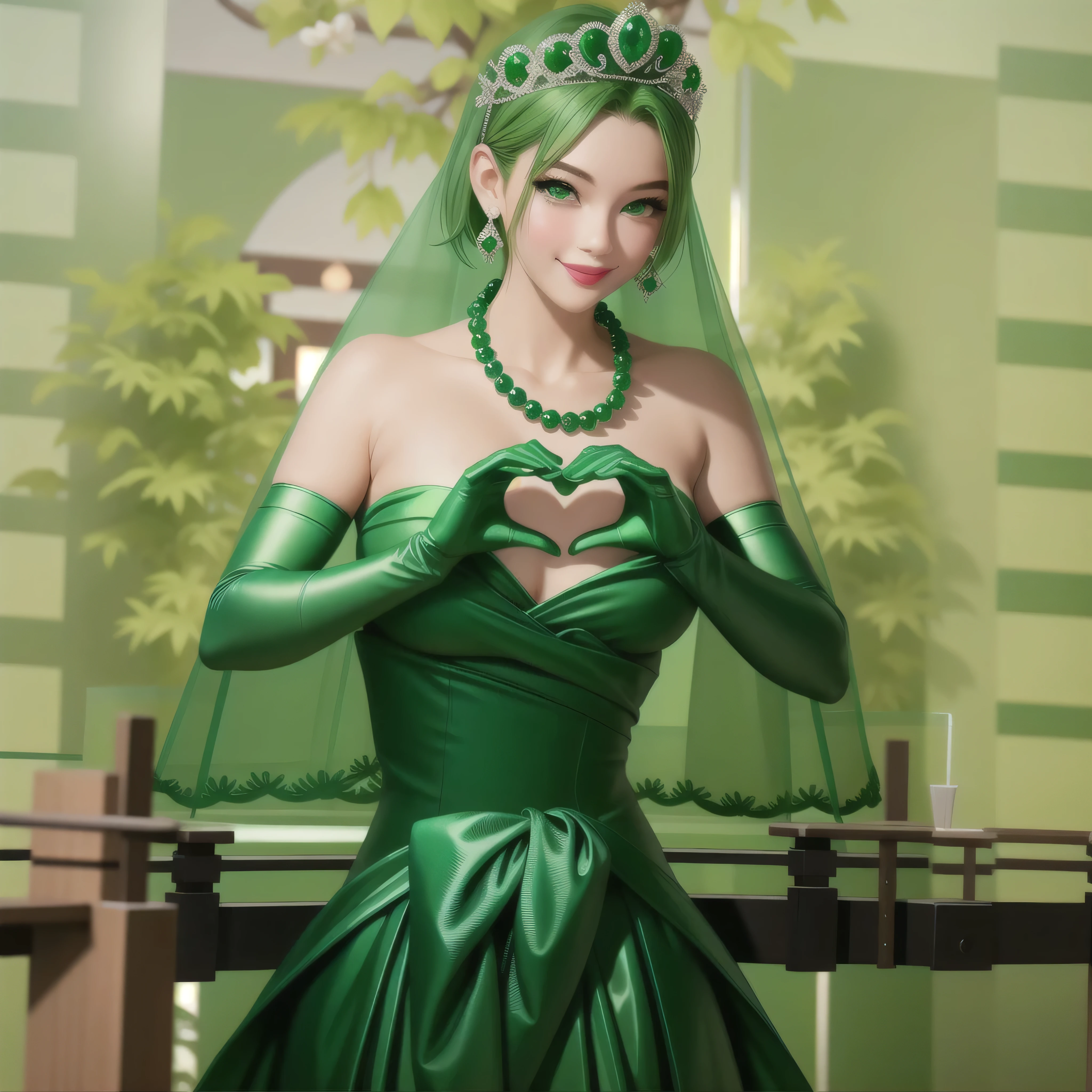 emerald tiara, Green Pearl Necklace, Boyish very short green hair, Green Lips, Smiling Japanese woman, Very short hair, Busty beautiful lady, Green Eyes, Green satin long gloves, Green Eyes, Emerald Earrings, Green veil, Heart with both hands, Green Hair, Beautiful Japanese Women, Heart shaped hands:1.3, green lip gloss