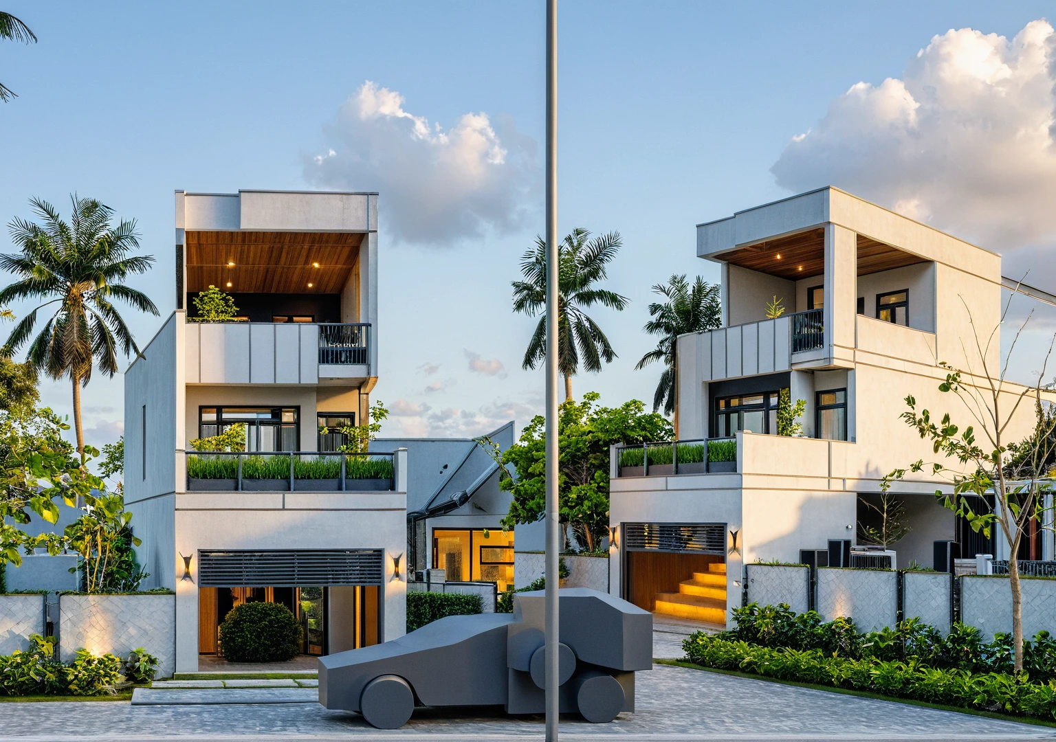 Masterpiece, high quality, best quality, authentic, super detail, outdoors, onestoreyvillaXL, aiaigroup, house style modern on the street ,stairs, white wall ,road,pavement, grass, trees, sky, cloud, (daylight:1.1)