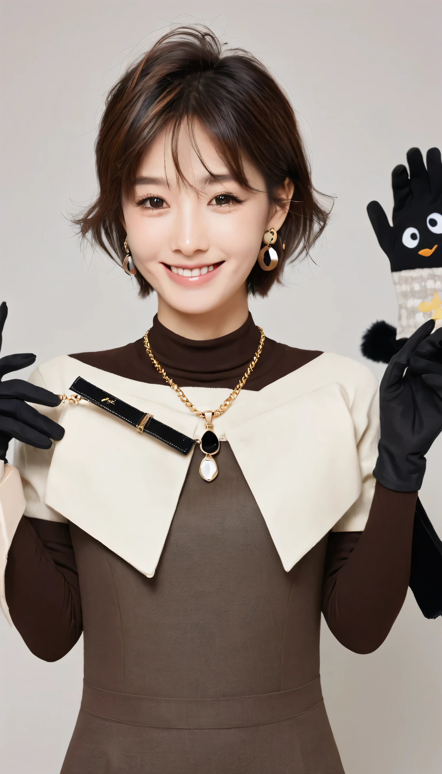 1 Girl, Japanese cartoons_dyeing, Black_Eye, Black_Gloves, Brown_hair, Necklace, earrings, Gloves, Jewelry, letterbox, Parody, short_hair, Smile, Solitary, style_Parody,