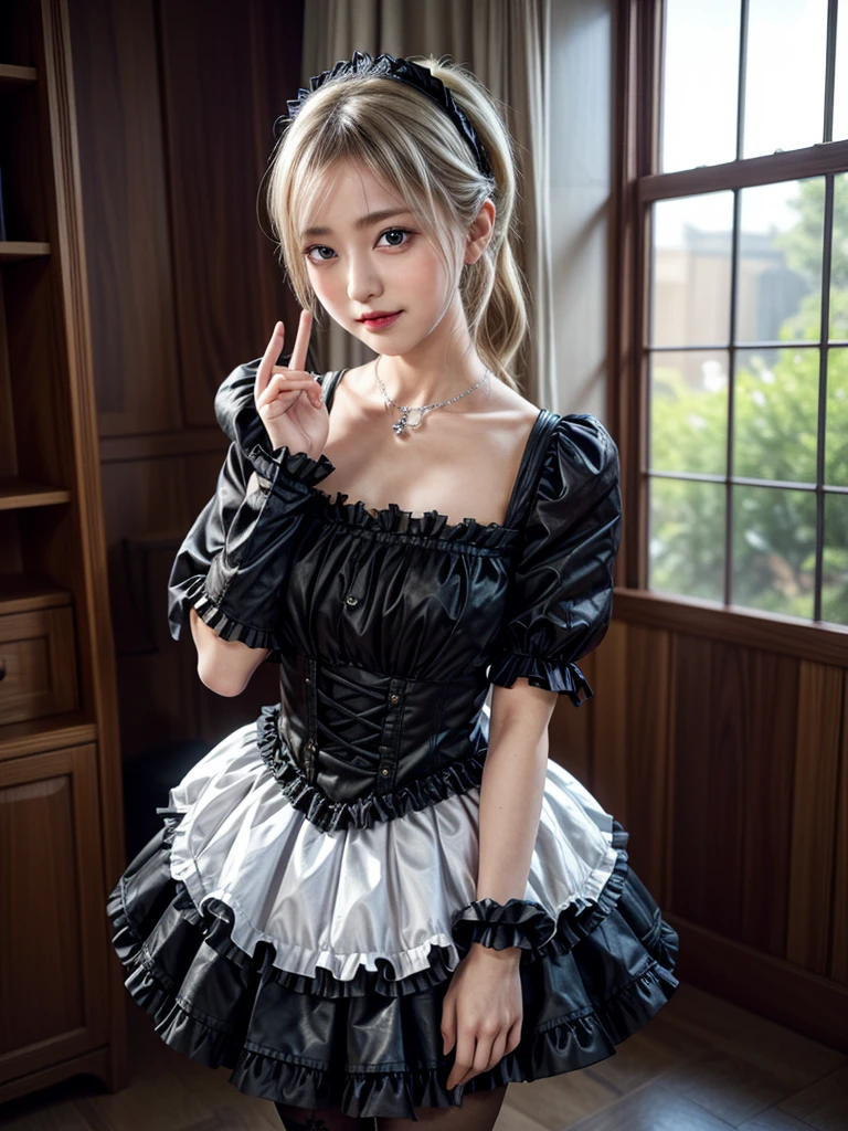 (8K, Photorealistic, Raw photo, of the highest quality: 1.3), (1girl in), Super beautiful, (Realistic face), (boyish, Silver Color Berry Shorthair), Beautiful , Glare that captivates the viewer, Beautiful expression, Beautiful breasts, (Realistic skin), Be...Super high quality, super high definition, super detailed, masterpiece, 20years old, female, cute, perfect face, beautiful, gothic ta clothes, gothic loliashion, frilly skirt, headdress, necklace, bracelet, knee-high socks, boots, double eyelids, tear bags, Detailed down to the fingers, photo-like description, indoors, dim indoor lighting, blonde hair, pony tail, standing, whole body, composition that shows the whole body, smiling,Optimal ratio of 4 fingers and 1 thumb