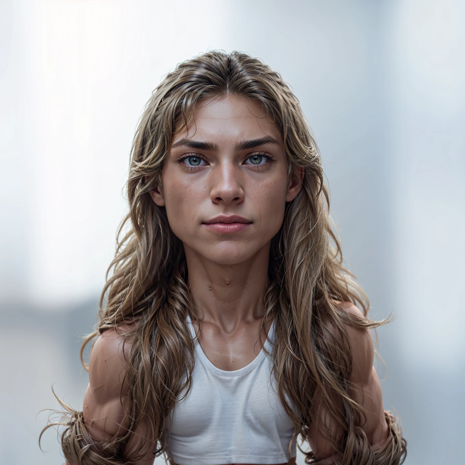 beautiful tan muscular girl, sixpack, ripped abs, veins, biceps, blonde long hair, teen, sexy, muscular legs, shorts, (best quality,4k,8k,highres,masterpiece:1.2),ultra-detailed,(realistic,photorealistic,photo-realistic:1.37), portrait, concept art, biceps muscle, jeans shorts, sports-bra