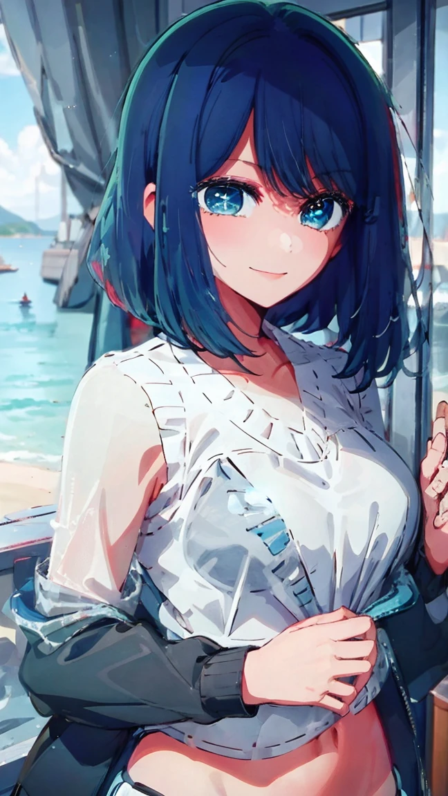  best quality, masterpiece, highres, solo, {kurokawa_akane_oshinoko:1.15}, bangs, short_hair, blue_hair, green_eyes, closed_mouth, black_hair, medium_hair, 1girl,conceptual art, iwakura lain,   (anime girl)、(((beach)))、(((bikini))),medium breast,smile