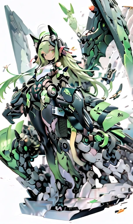 anime figure, figma,(detailed eyes))
1girl,((cat ears)),cat tail, ((long straight green hair:1.3)),big expressive neon green eyes,,expressive eyes,(((smile,blush wink))),(((full body:1.4))), ((mechanical full body suite, mecha)), feather robot wings,black kitten, cute, dynamic flirty pose, missiles on arms and shoulders, partial metal mask,standing on one leg looking at viewer ,shoulder trun to the viewer,black kitten sitting next to her, cute,flirty pose,AD ,decales,web AD
solo:1.5