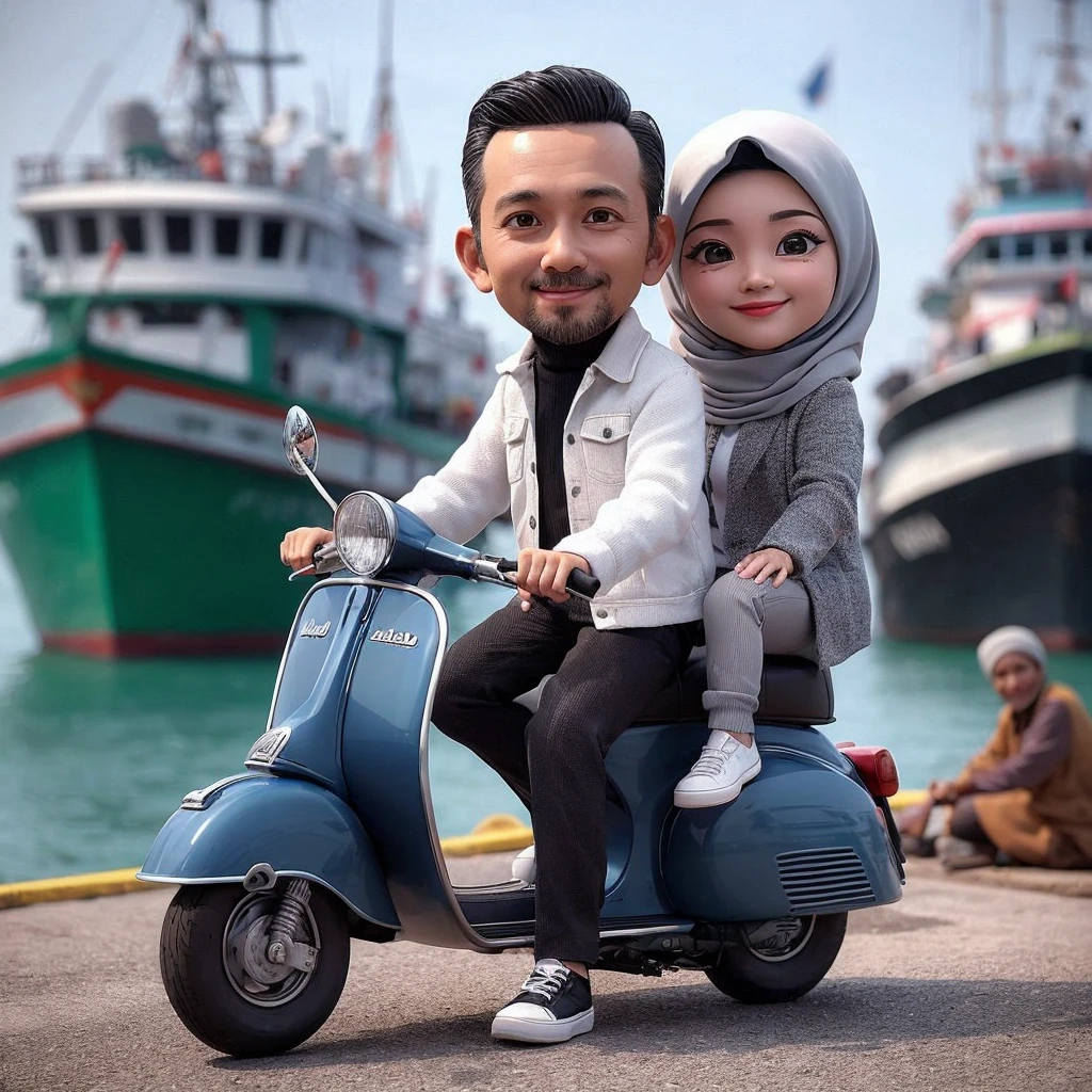 3D caricature of a 40 year old Indonesian man wearing a white jacket, wearing black shoes, 40 year old woman wearing a pashmina hijab wearing a gray jacket, They were riding together on a dark blue Excel type Vespa with small eyes with happy expressions, The background of the ship's port is visible, Fishing boats are clearly visible behind and fishermen, front look, cool, 4k,