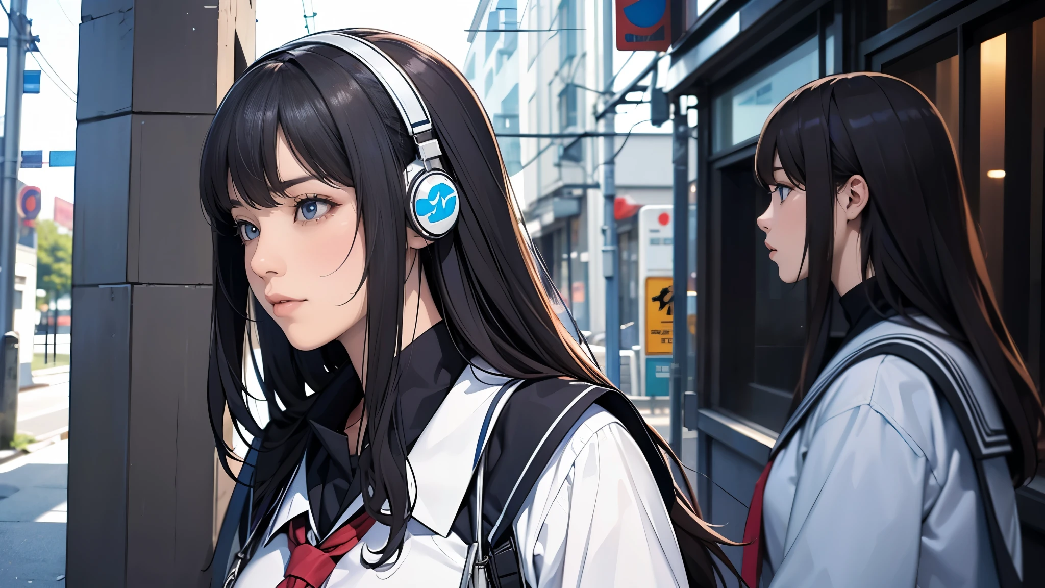 Ultra HD、super high quality、masterpiece、detailed、8K、The location is on a quiet city street、Schoolgirl1Person listening to music on headphones、-yeld hischool girl、そのロシア人で髪の毛は黒色のロング、Has blue eyes、Has a glamorous figure、The clothes she's wearing are one-piece dresses.、Pretty sexy、Lo-Fi images,The background is blurred、Nostalgic and relaxing atmosphere、At dusk、Afternoon sun