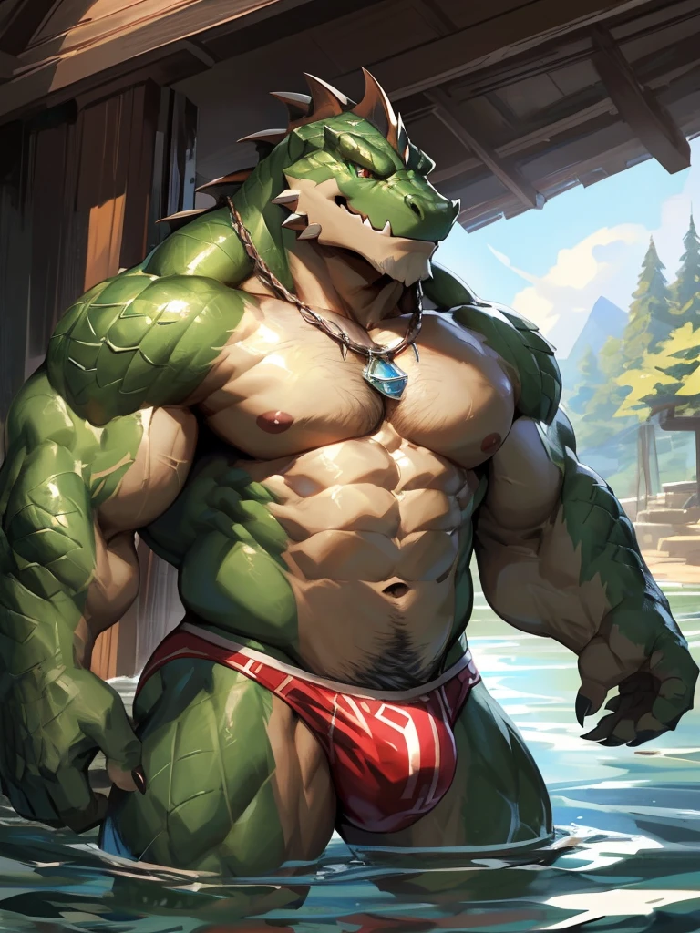 absurdres, ((best quality)), ((masterpiece)), (ultra detailed),perfect face,antro aligator:2.5, male, ((green crocodile skin)), aligator look, (strong beefy muscular body), (yellowish belly),(abs, strongmuscles, 8 pack), furry, handsome,Beautiful and delicate eyes, (ultra detailed eyes, green color eyes, sharp eyes), detailed scene,full body, shirtless, topless, pink nipples, (by null-ghost,by traver009,by lindong,by pino daeni), (full body), wearing random pattern necklace, claws, (scales), majestic, upper body naked, big fellow, muscular male, (wearing blue speedo), big fellow, huge body, handsome, majestic, barbarous, official art, hairy, male, inside the lake, swimming, full body view