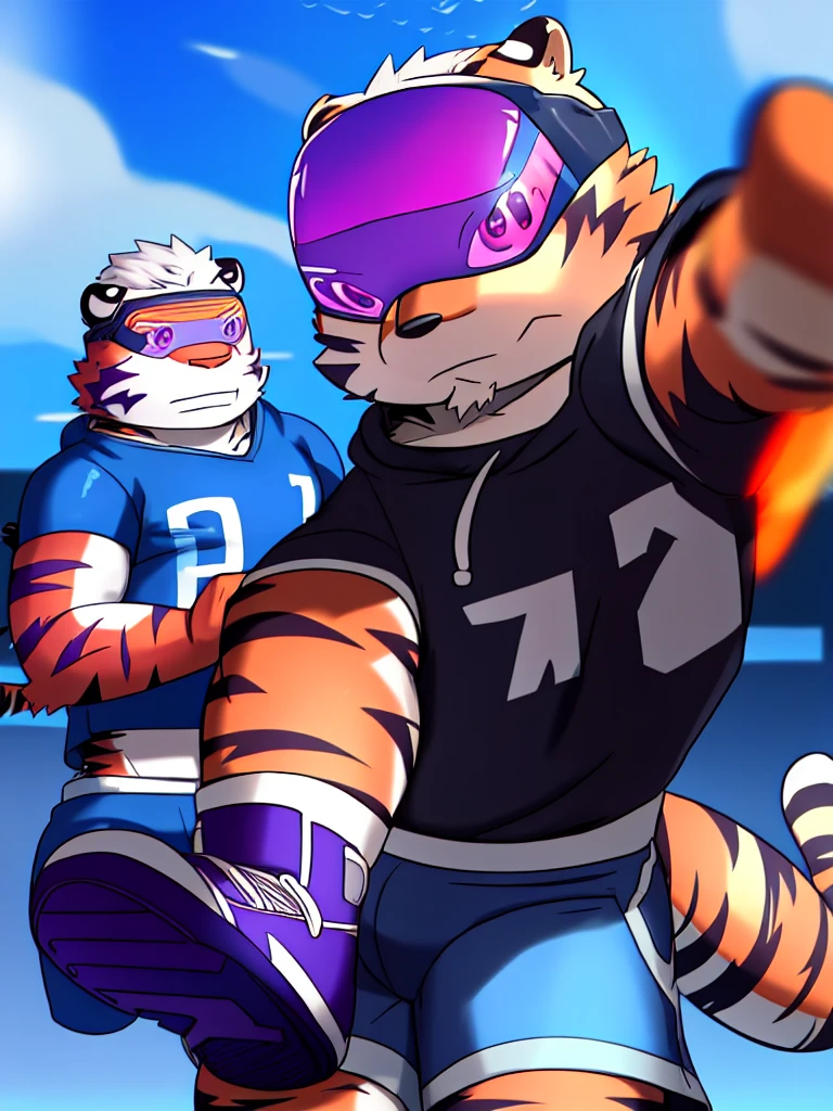 New Jersey 5 Hairy, masterpiece, high quality, anime, detailed eyes, male kosutora, anthro, tiger, Great physique, strong arms manly, (((orange tiger))), (((white hair))), goatee, white eyebrows, detailed purple eyes, tall, Joyful, (dark blue short hoodie), (((shorts cargo))), sport shoes, by zixiong, katana sword made from red gems, (((futuristic visor sunglasses))), action pose,