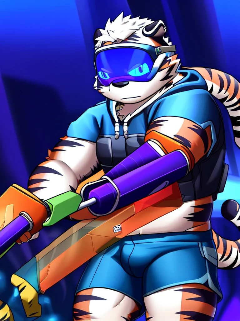 New Jersey 5 Hairy, masterpiece, high quality, anime, detailed eyes, male kosutora, anthro, tiger, Great physique, strong arms manly, (((orange tiger))), (((white hair))), goatee, white eyebrows, detailed purple eyes, tall, Joyful, (dark blue short hoodie), (((shorts cargo))), sport shoes, by zixiong, katana sword made from red gems, (((futuristic visor sunglasses))), action pose,
