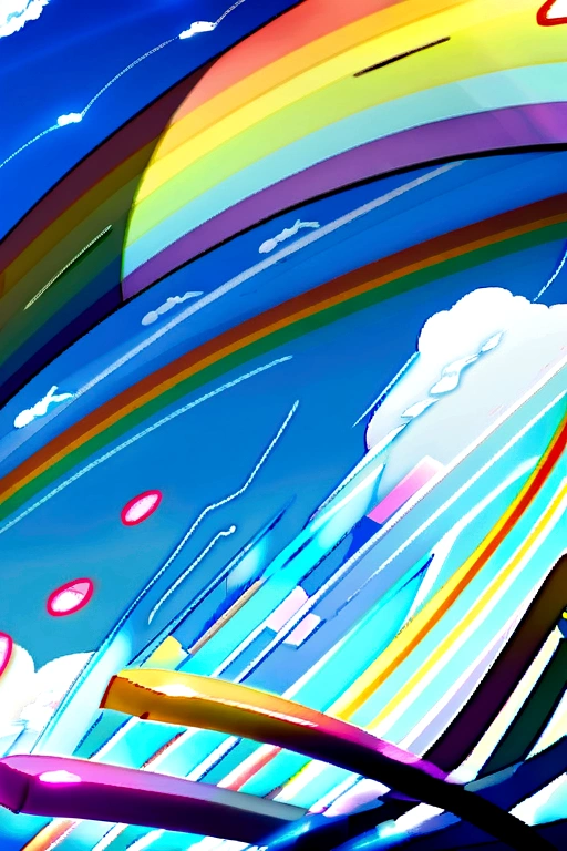 A fictional world filled with musical staves and notes, Music Country, Blue skies, rainbows, clouds and music flying around