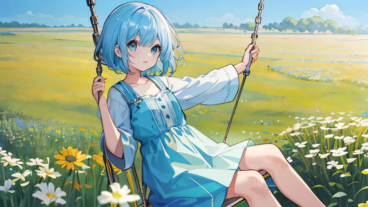 tmasterpiece, A high resolution, Best quality at best, ultra - detailed, perfect litthing, gawrgura, frill dress, ssmile, ((rays of sunshine)), ((flower field)), detailedbackground,Purple colored hair