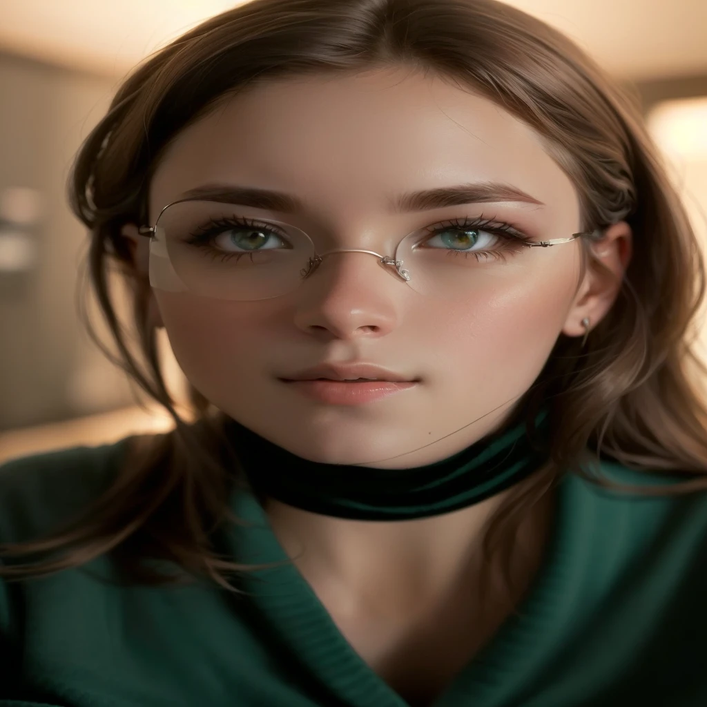 this same woman in the image with different expressions and in one of the photos she is wearing glasses, same angle as the image, same outfit, all the same, just change what I said
