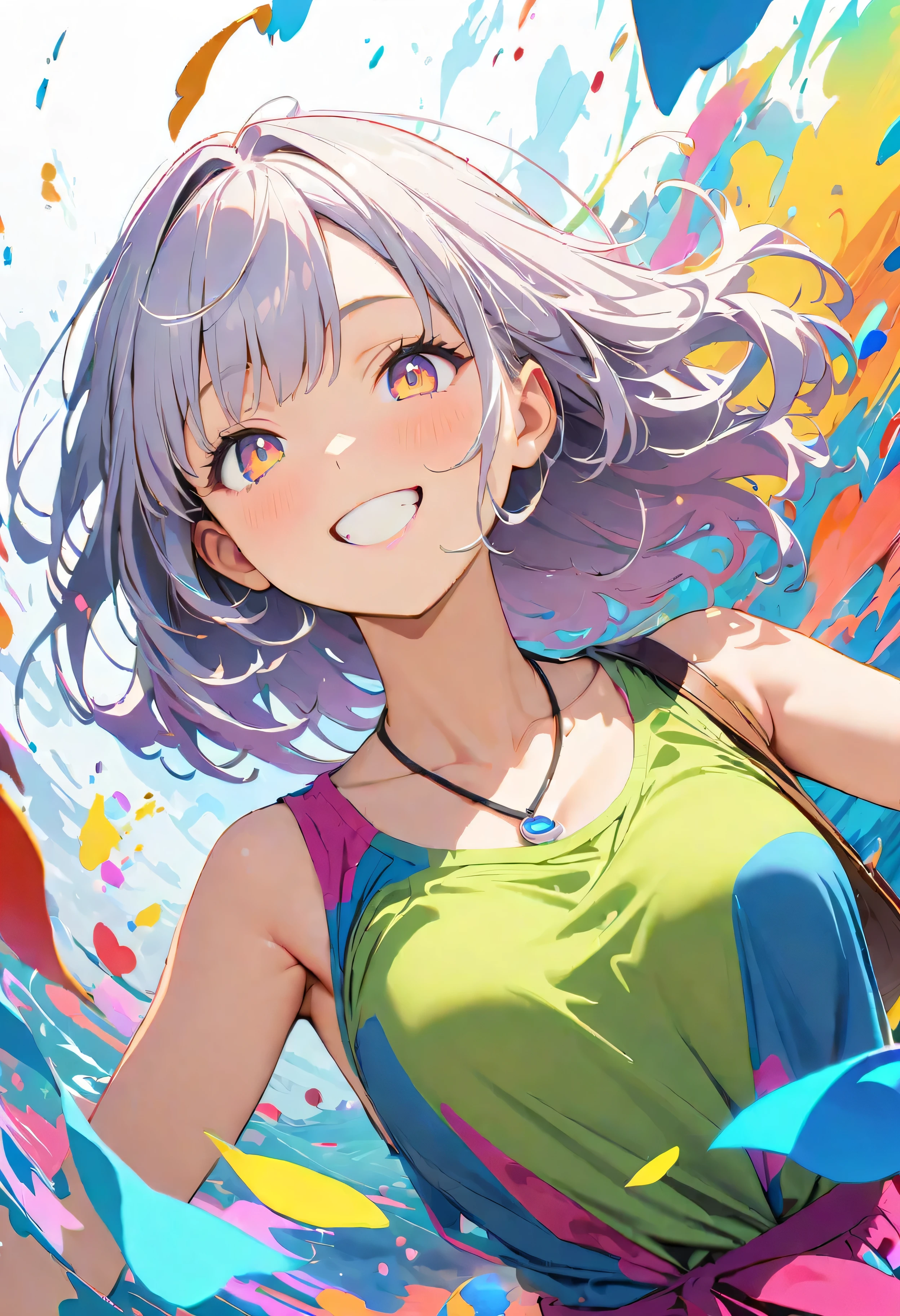 (masterpiece, Highest quality, Official Art:1.2), (colorful), Perfect Anatomy, Looking at the audience, One Girl, alone, White Background, floating colorful water, Ultra-fine illustrations, highly detailed, Dynamic Angle, beautiful detailed, 8K, break smiling amidst the colorful scenes, (Highest quality, masterpiece, High resolution, detailed), Anime Style, (Shining Eyes, detailed美しい顔), break,Dynamic Angle