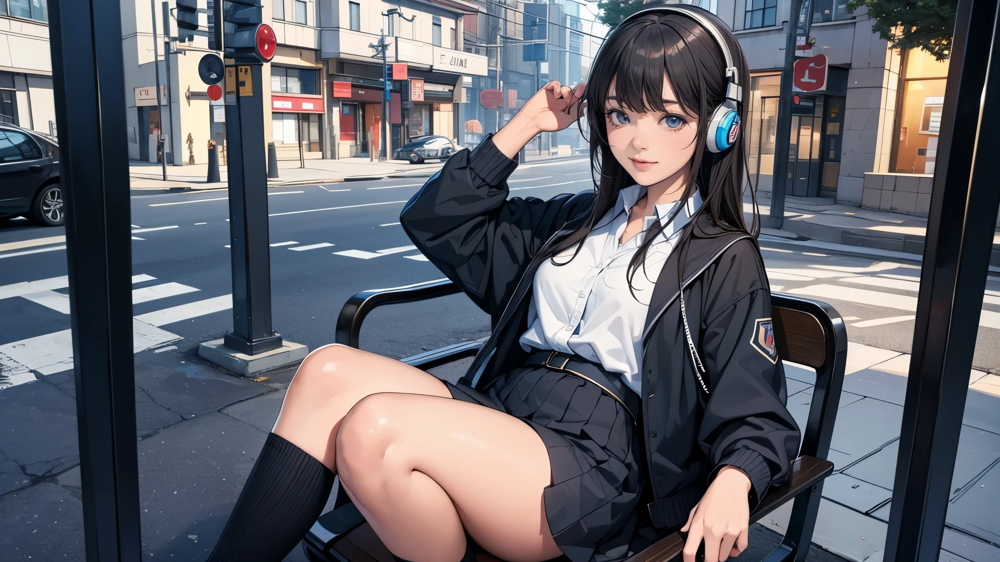Ultra HD、super high quality、masterpiece、detailed、8K、The location is on a quiet city street、Schoolgirl1Person listening to music on headphones、15-year-old high school girl、そのロシア人で髪の毛は黒色のロング、Has blue eyes、Has a glamorous figure、The clothes she's wearing are one-piece dresses.、Pretty sexy、Lo-Fi images,The background is blurred、Nostalgic and relaxing atmosphere、At dusk、Afternoon sun