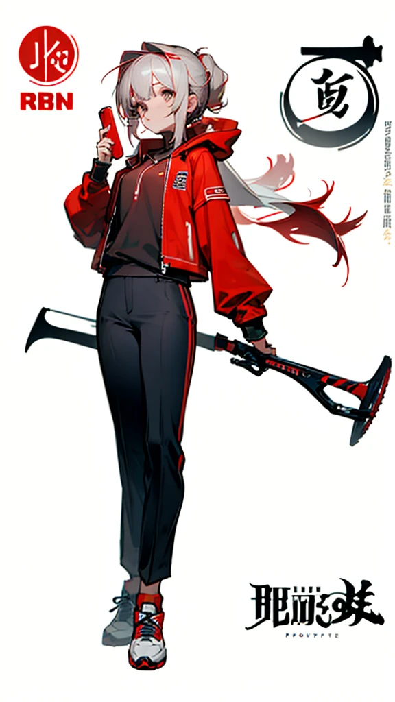 highest quality、masterpiece、Girl、Red coat、hooded sport coat、whole body,black pants、sports shoes、game portrait