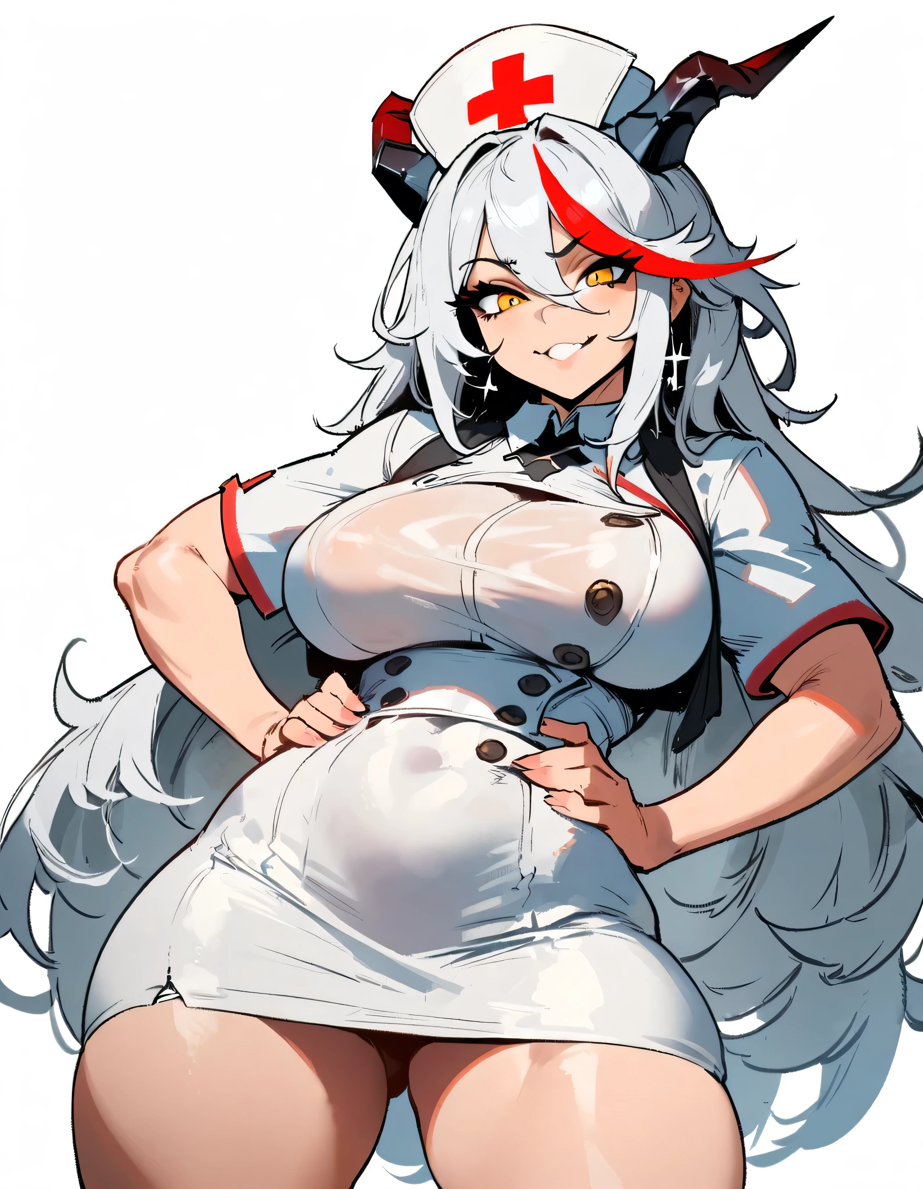 1girl, aegir \(azur lane\), azur lane \\\\\ masterpiece, best quality, very aesthetic, absurdres, newest \\\\\\ sportive body,  \\\\\\ by nyantcha,,by cutesexyrobutts,by khyle ///// white hair with a single prominent red streak, black horns, yellow eyes,  , white (nurse outfit:1.2), skirt, , white pencil skirt, nurse cap, , , a red cross on the cap, standing, (white background:1.2),  rating general, horny smile, hands on hips