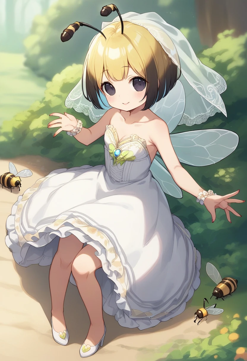 score_9, score_7_up, score_6_up, 1girl, source_cartoon, source_anime,breathtalking Scenery,watercolor,smooth soft skin, natural skin,rating_questionable
BREAK
(hornet girl:1.3), bee girl,(little female child:1.4), (:1.4),6 yo, kawaii,baby face,small breast, cute face,oily skin,beautiful eyes, detailed eyes,happy,
BREAK
(black bob cut:1.5),(yellow gradient hair:1.2),(yellow dip-dye hair:1.2),(black lob hair:1.2),ahoge,(nail_polish:1.1), black eyes,
BREAK
(bee antennae:1.3), (PVC material Extremely small bee wings:1.1), (invisible bee wings:1.1),
BREAK
(slender line wedding dress:1.3),(silk veil:1.3),high heel,silk cape,(blush:0.8),pierce,frill,layered dress,
BREAK
open arms for viewer,In a secluded setting, reaching out,surrounded by a dense forest, the bog lay hidden like a secret gem, its misty surface whispering tales of ancient times,dynamicangle,