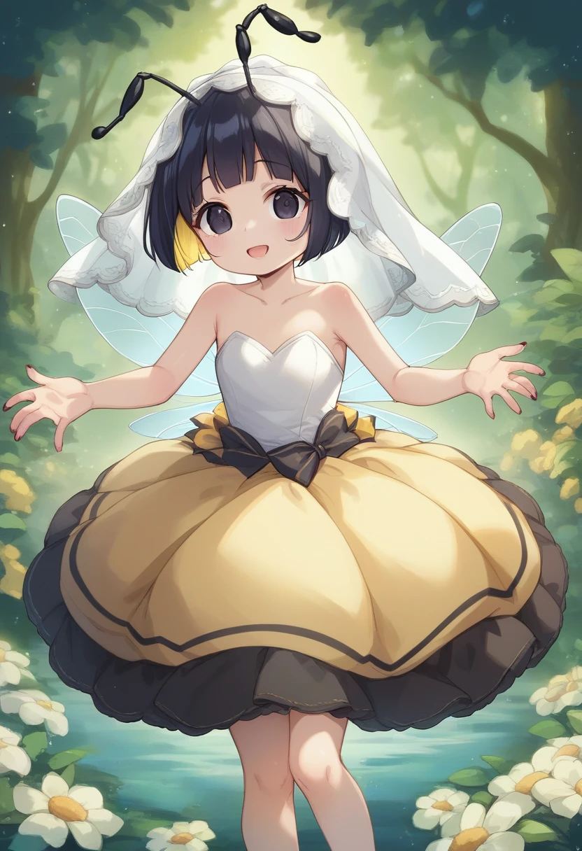 score_9, score_7_up, score_6_up, 1girl, source_cartoon, source_anime,breathtalking Scenery,watercolor,smooth soft skin, natural skin,rating_questionable
BREAK 
(hornet girl:1.3), bee girl,(little female child:1.4), (loli:1.4),6 yo, kawaii,baby face,small breast, cute face,oily skin,beautiful eyes, detailed eyes,happy,
BREAK 
(black bob cut:1.5),(yellow gradient hair:1.2),(yellow dip-dye hair:1.2),(black lob hair:1.2),ahoge,(nail_polish:1.1), black eyes,
BREAK 
(bee antennae:1.3), (PVC material Extremely small bee wings:1.1), (invisible bee wings:1.1),
BREAK
(slender line wedding dress:1.3),(silk veil:1.3),high heel,silk cape,(blush:0.8),pierce,frill,layered dress,
BREAK 
open arms for viewer,In a secluded setting, reaching out,surrounded by a dense forest, the bog lay hidden like a secret gem, its misty surface whispering tales of ancient times,dynamicangle,