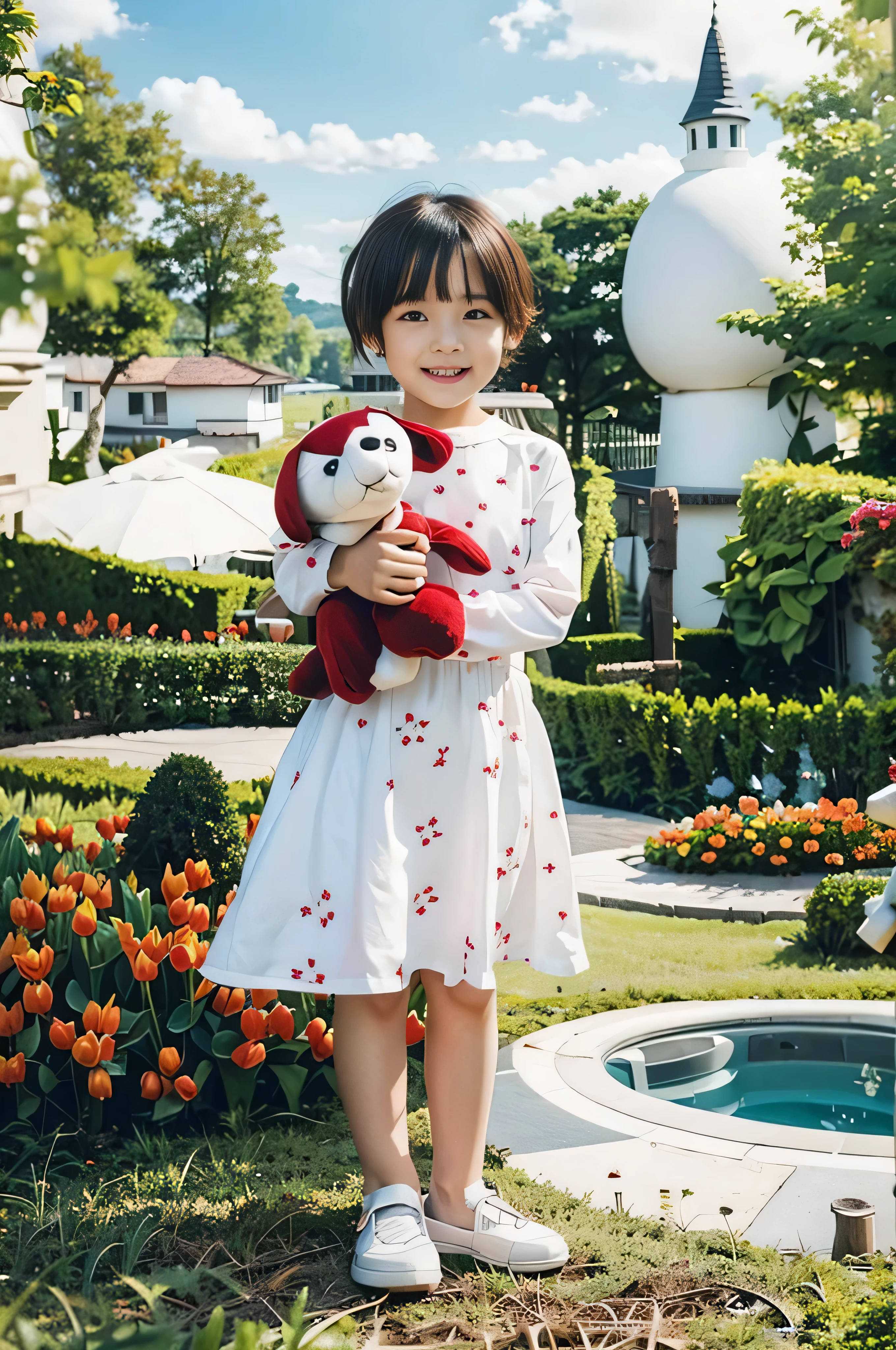 Highly realistic photo, ((masterpiece), (best quality), (raw photo), (photorealistic:1.4), Photo of a 6--old l, short hair, wearing a white dress, holding a red stuffed dog, ((real hands)), photo taken in a tulip Vietnam garden, ((standing on the grass)), photo taken by Sony A7IV
