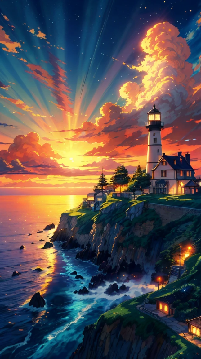 Long view, Wide view, a painting of a lighthouse on a cliff overlooking the ocean, studio ghibli sunlight, beautiful anime scenery, anime beautiful peace scene, light house, beautiful anime scene, studio ghibli landscape, lighthouse, detailed scenery, cliffside town, incredible miyazaki, 4k matte thomas kinkade, anime landscape wallpaper, anime nature wallpapaper, amazing wallpaper, brilliant sunset, extremely majestic scenery, 8k