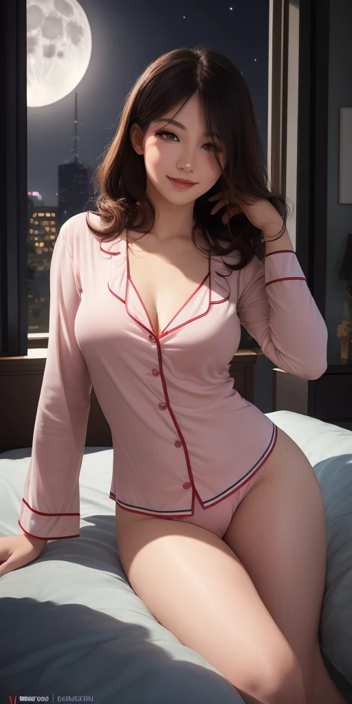 realistic, long hair 1girl, hair over one eye, parted lips, blush, makeup, light smile, pajamas, glow, thighs, red eyes, collarbone, narrow waist, bedroom, window, moon, on side, (masterpiece), television, wallpaper, moonlight, underwear,